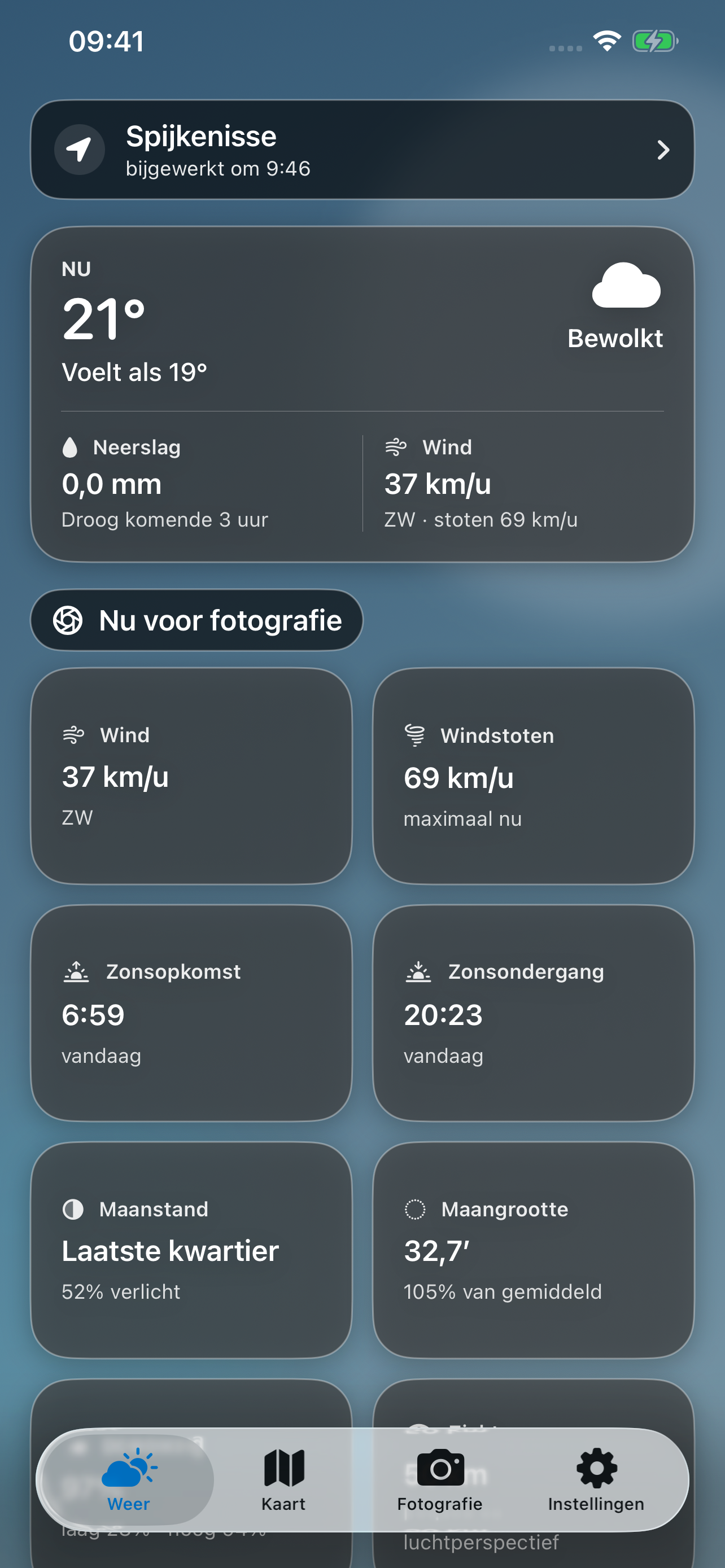 SkyExposure-weerscherm voor Spijkenisse met temperatuur, neerslag, wind en fotografie-informatie